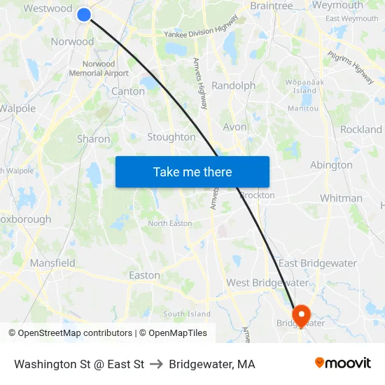 Washington St @ East St to Bridgewater, MA map