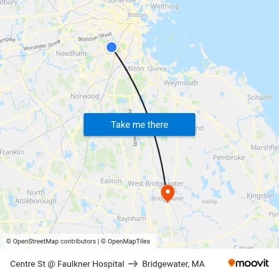 Centre St @ Faulkner Hospital to Bridgewater, MA map