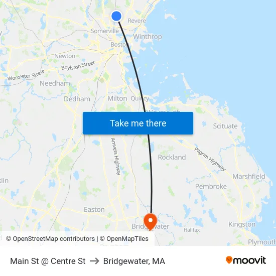 Main St @ Centre St to Bridgewater, MA map