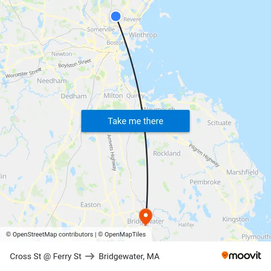 Cross St @ Ferry St to Bridgewater, MA map