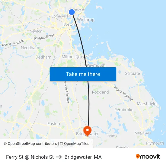 Ferry St @ Nichols St to Bridgewater, MA map