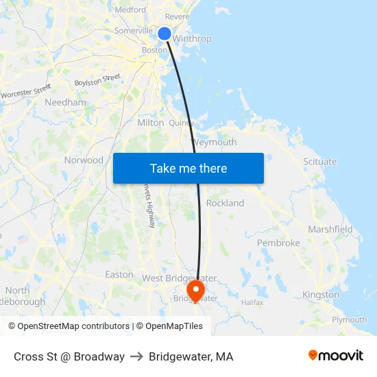 Cross St @ Broadway to Bridgewater, MA map