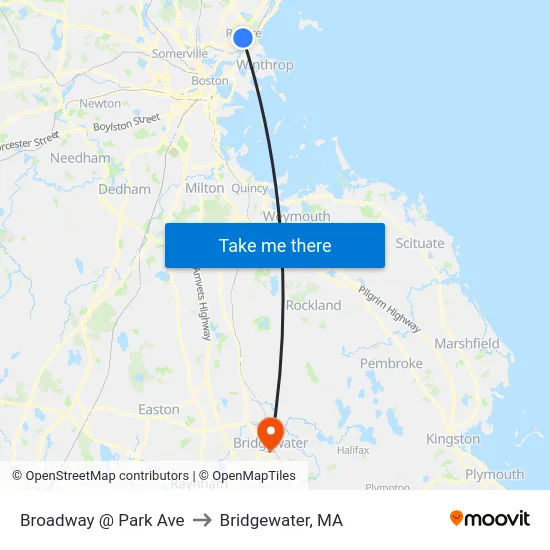 Broadway @ Park Ave to Bridgewater, MA map