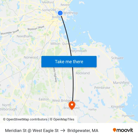 Meridian St @ West Eagle St to Bridgewater, MA map