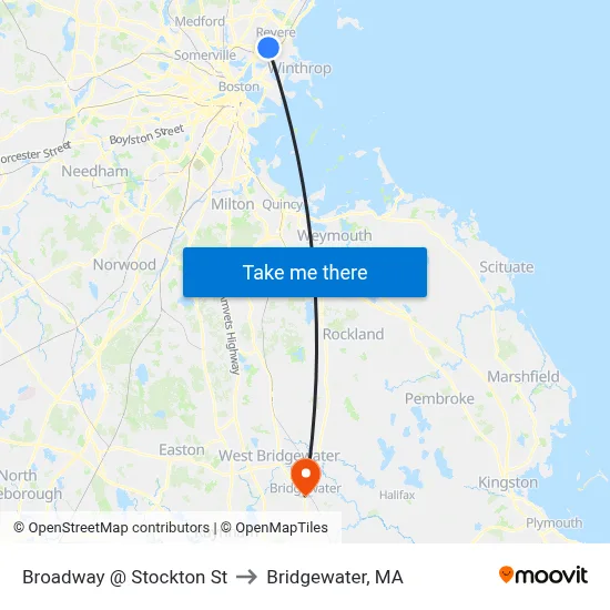 Broadway @ Stockton St to Bridgewater, MA map