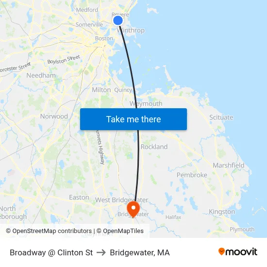Broadway @ Clinton St to Bridgewater, MA map