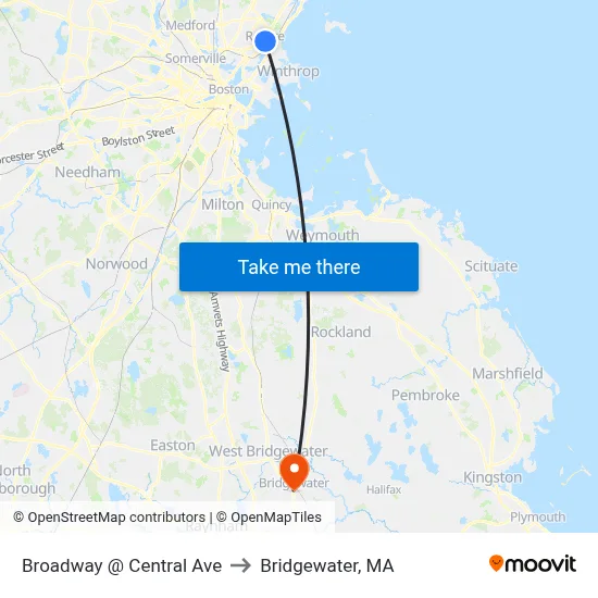Broadway @ Central Ave to Bridgewater, MA map