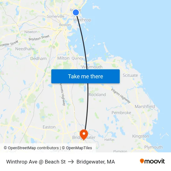 Winthrop Ave @ Beach St to Bridgewater, MA map