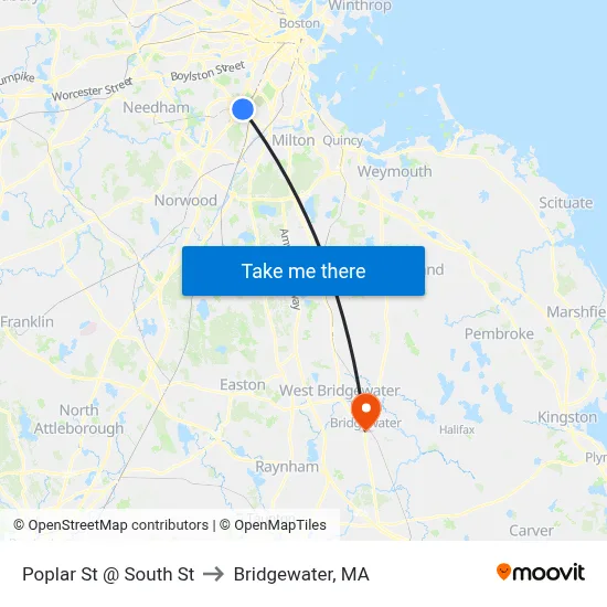 Poplar St @ South St to Bridgewater, MA map