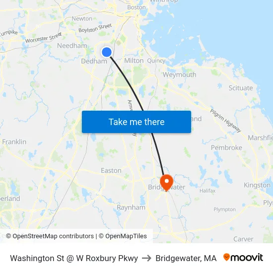 Washington St @ W Roxbury Pkwy to Bridgewater, MA map