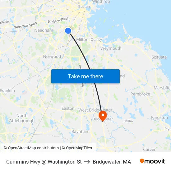 Cummins Hwy @ Washington St to Bridgewater, MA map