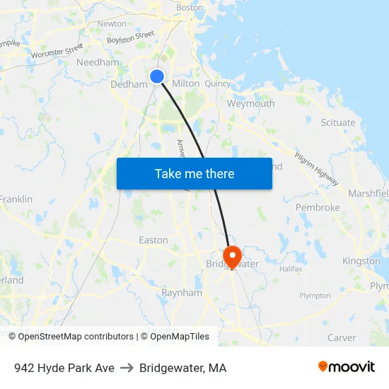 942 Hyde Park Ave to Bridgewater, MA map