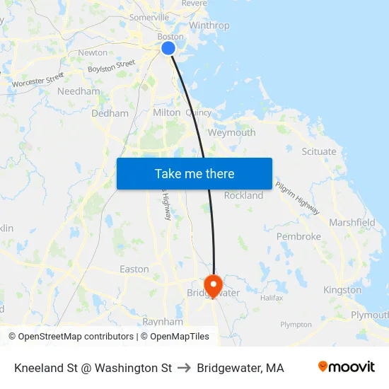 Kneeland St @ Washington St to Bridgewater, MA map