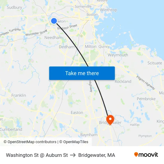 Washington St @ Auburn St to Bridgewater, MA map