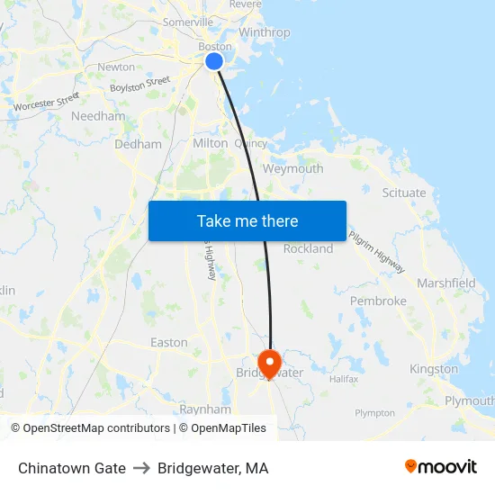 Chinatown Gate to Bridgewater, MA map