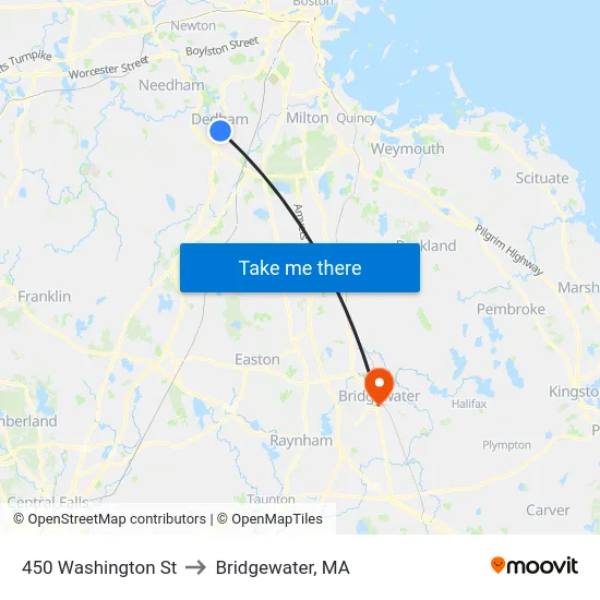 450 Washington St to Bridgewater, MA map