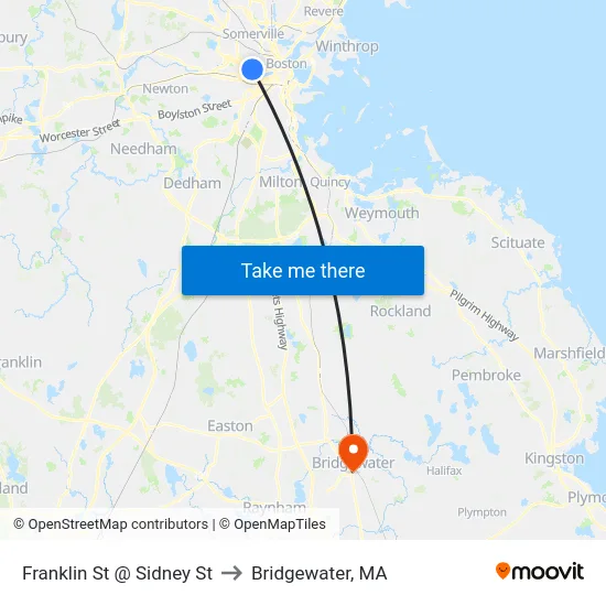 Franklin St @ Sidney St to Bridgewater, MA map