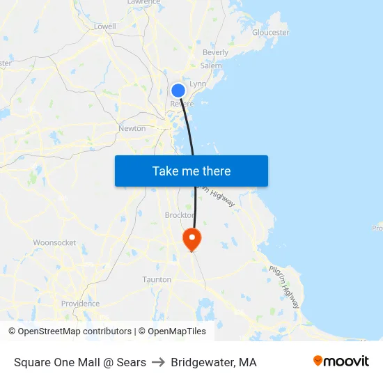 Square One Mall @ Sears to Bridgewater, MA map