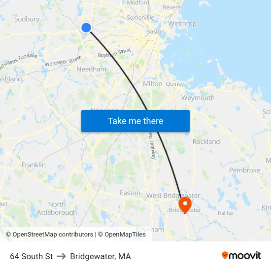 64 South St to Bridgewater, MA map
