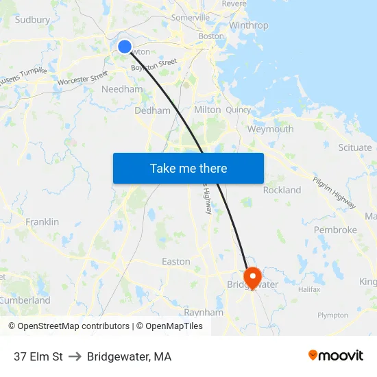 37 Elm St to Bridgewater, MA map