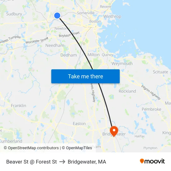 Beaver St @ Forest St to Bridgewater, MA map
