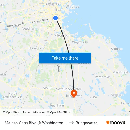 Melnea Cass Blvd @ Washington St to Bridgewater, MA map