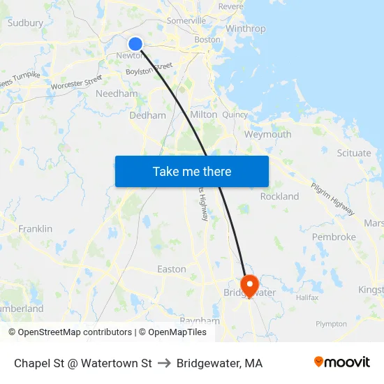Chapel St @ Watertown St to Bridgewater, MA map