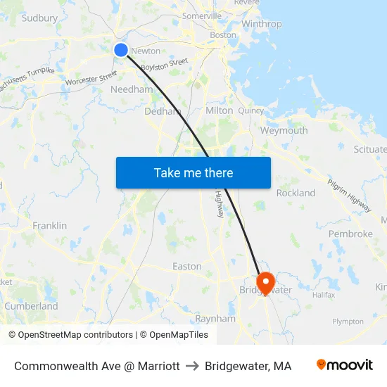 Commonwealth Ave @ Marriott to Bridgewater, MA map