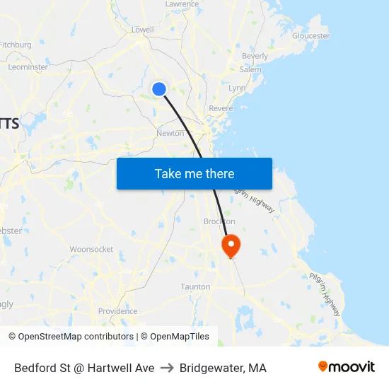 Bedford St @ Hartwell Ave to Bridgewater, MA map