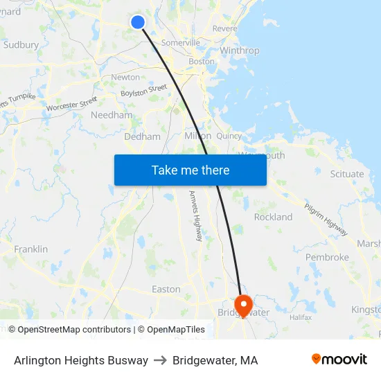 Arlington Heights Busway to Bridgewater, MA map