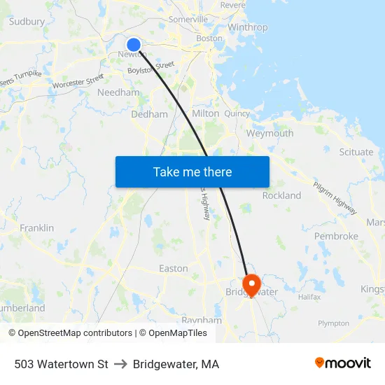 503 Watertown St to Bridgewater, MA map