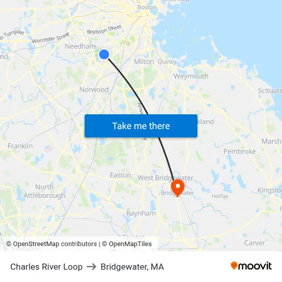 Charles River Loop to Bridgewater, MA map