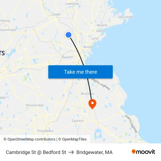 Cambridge St @ Bedford St to Bridgewater, MA map