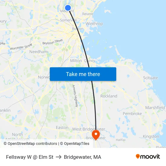 Fellsway W @ Elm St to Bridgewater, MA map