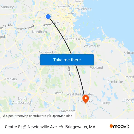 Centre St @ Newtonville Ave to Bridgewater, MA map