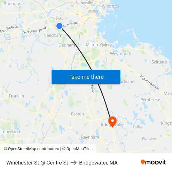 Winchester St @ Centre St to Bridgewater, MA map