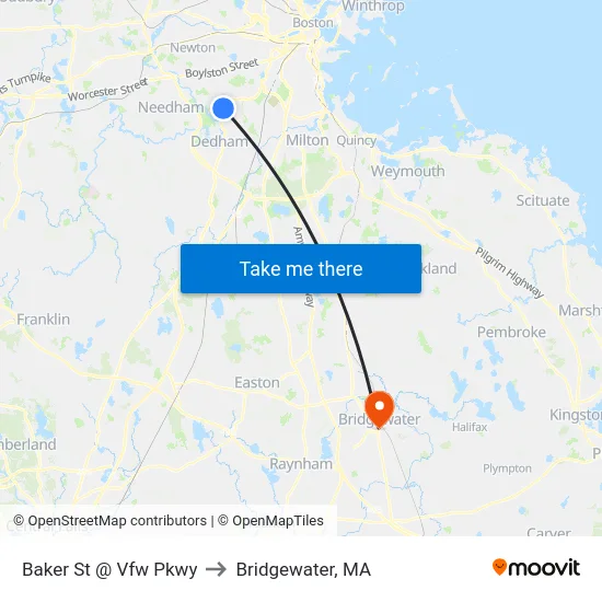 Baker St @ Vfw Pkwy to Bridgewater, MA map