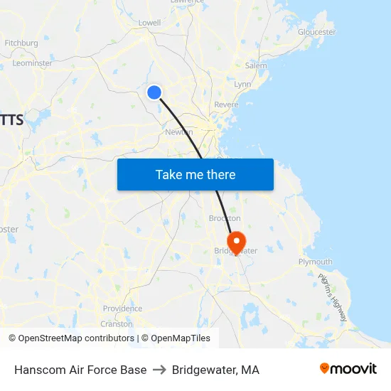 Hanscom Air Force Base to Bridgewater, MA map