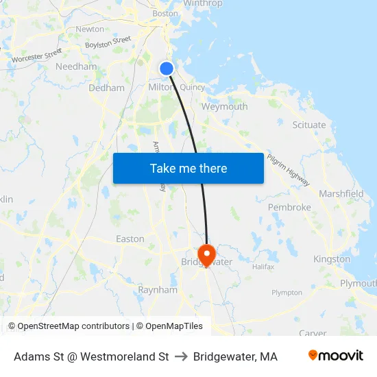 Adams St @ Westmoreland St to Bridgewater, MA map