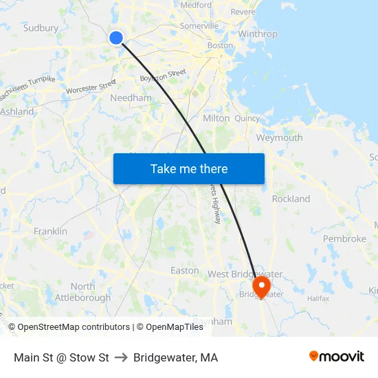 Main St @ Stow St to Bridgewater, MA map