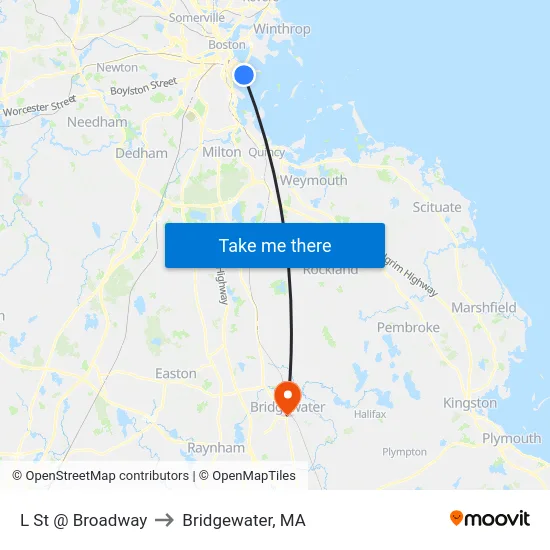 L St @ Broadway to Bridgewater, MA map