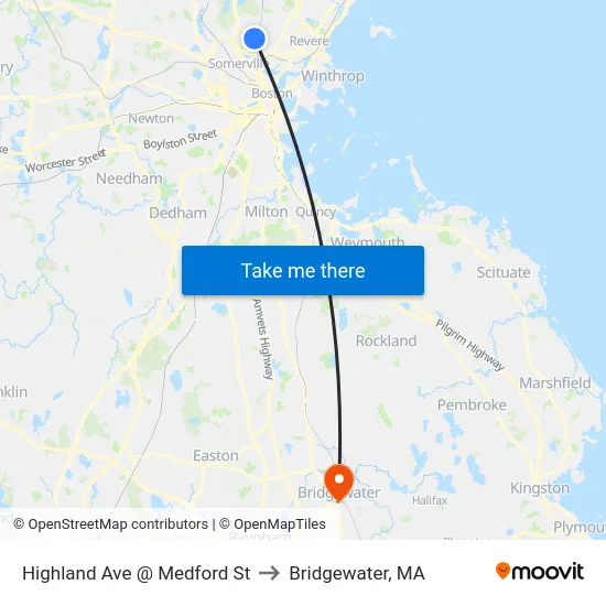 Highland Ave @ Medford St to Bridgewater, MA map