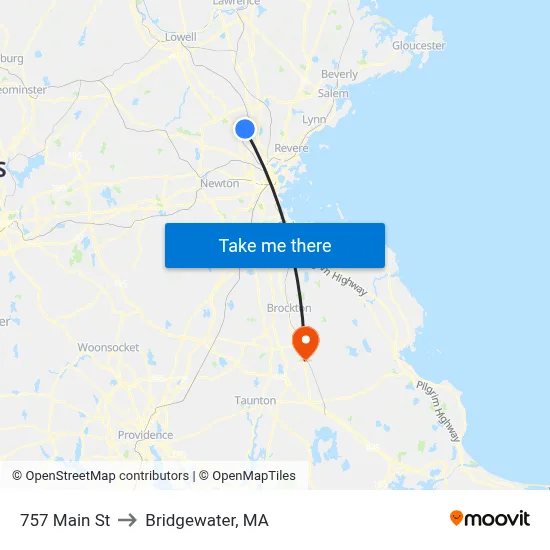757 Main St to Bridgewater, MA map