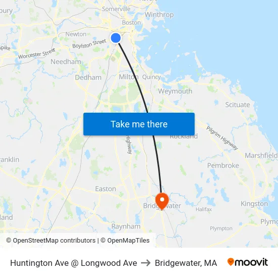 Huntington Ave @ Longwood Ave to Bridgewater, MA map