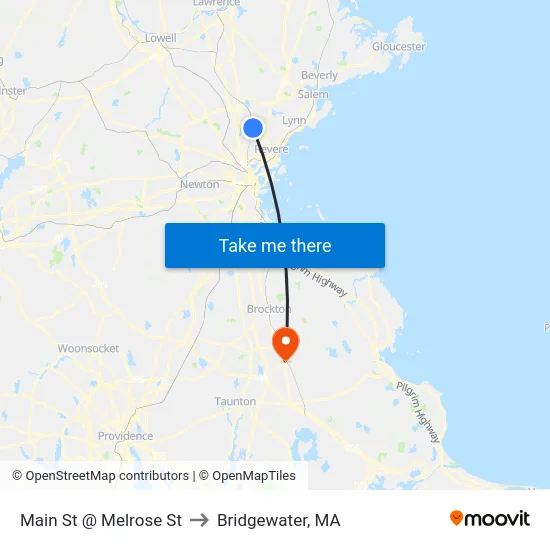 Main St @ Melrose St to Bridgewater, MA map