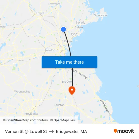 Vernon St @ Lowell St to Bridgewater, MA map