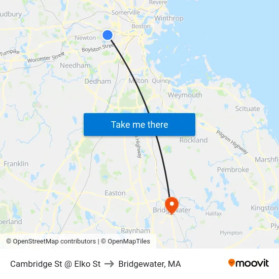 Cambridge St @ Elko St to Bridgewater, MA map