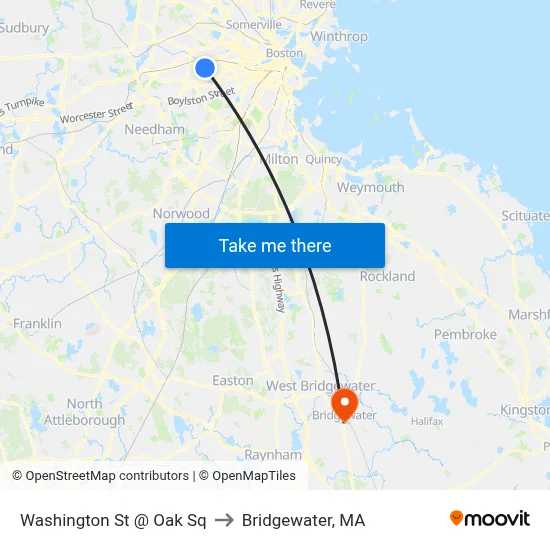 Washington St @ Oak Sq to Bridgewater, MA map