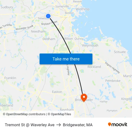 Tremont St @ Waverley Ave to Bridgewater, MA map