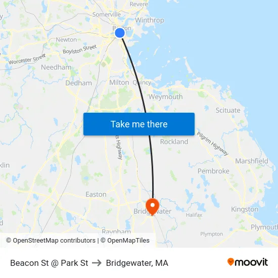 Beacon St @ Park St to Bridgewater, MA map
